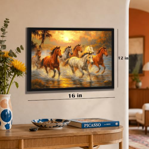 Image of PAINTINGMANTRA 7 Running Horses Vastu Framed Wall Art Painting For Living Room, Seven Horses Vastu Poster with frame for Wall, Decoration item for bedroom, 13x17.5 Inch