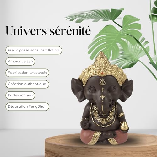 Estatuilla Ganesh 3 – Decoración Zen y Feng Shui – para Crear un Ambiente Relajante y Espiritual – Idea de Regalo – Altura: 11,5 cm – Color: Verde y marrón – Zen'Light - imagen 2