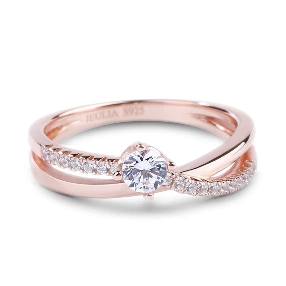 Jeulia Anillos de promesa de plata de ley solitario chapado en oro rosa 18k anillos de corte redondo para cumpleaños, boda, compromiso