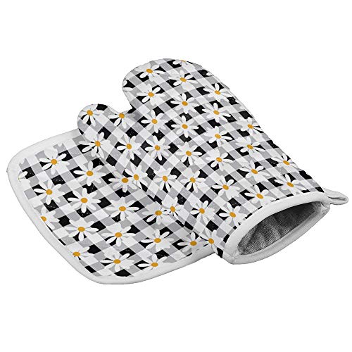 Kitchen Oven Mitts and Potholder Heat Resistant Gloves for Cooking Barbecue Baking Grilling Protection Comfort- Daisy Floral Buffalo Check Plaid Black and White