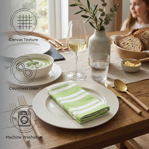 Image of Encasa XO Dining Table Napkins Set of 6, 43x43 cm | Machine Washable Reusable, Recycled Cotton Cloth Napkin, Soft & Absorbent, Table Decor for Hotels, Farmhouse - White & Franca Lime Stripes