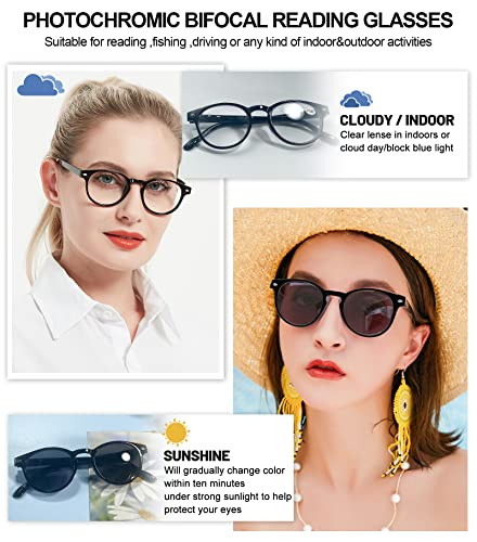 Occi Chiari Photochromic Bifocal Reading Glasses Women,Transition Round Uv Protection Sunglasses Readers 1.0 1.5 2.0 2.5 3.0 3.5 4.0(Black 1.5X) #TOP1
