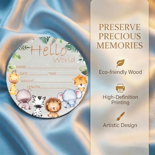 Image of Woodland Baby Name Sign 6 inch Round Wood Birth Announcement for Nursery | Round Birch Wood Baby Name Sign, Woodland Nursery Decor With Giraffe Elephant Design, Idea for Newborn, Baby Shower Gifts