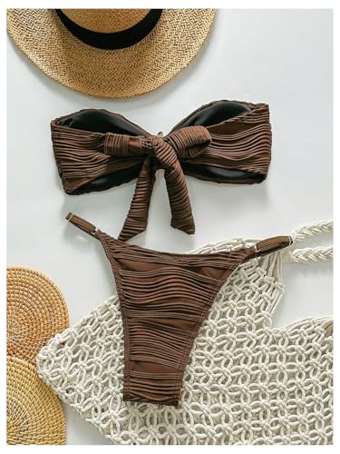 GORGLITTER Women's Strapless Bandeau Swimsuit High Cut G String Thong Cheeky Metal Bikini Sets2