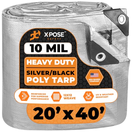 Image of Heavy Duty Poly Tarp - 20' x 40' - 10 Mil Thick Waterproof, UV Blocking Protective Cover - Reversible Silver and Black - Laminated Coating - Grommets - by Xpose Safety