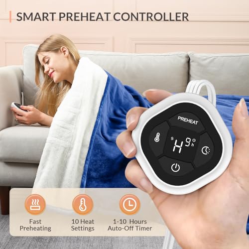 Image of HOMLYNS LuxeHeat Heated Blanket Electric Blanket Full Size, Soft Flannel Sherpa Heating Blanket with 10 Heat Settings, 1-10 hrs Timer Auto Shut Off (72x84 inches, Navy), Only for 120V Voltage Use