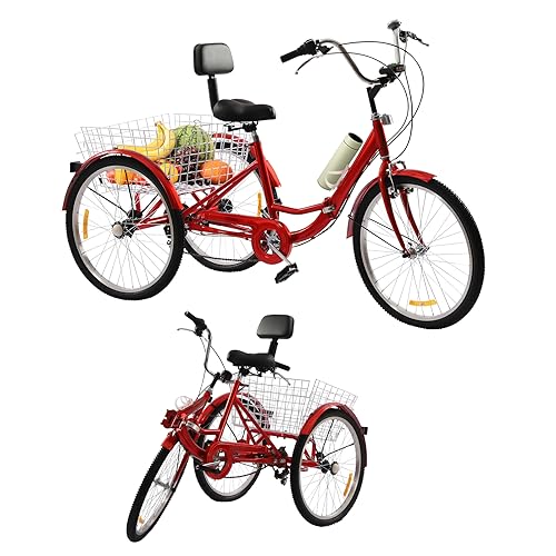 BJTDLLX Klappdreirad Dreirad für Erwachsene 24 Zoll Dreirad Senioren Erwachsenendreirad 7 Gang Fahrrad mit Korb und Licht Upgraded 3-Rad Erwachsene