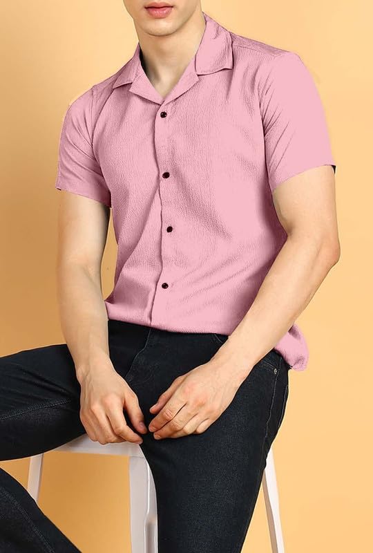 Image of COMBRAIDED Men's Solid Cotton Blend Half Sleeve Shirt - Regular Fit Casual Button-Down Shirt for Office & Travel - Summer & Spring