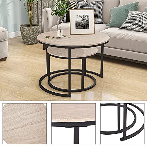 Image of HOJINLINERO Round Coffee Table,Nesting Coffee Table Set of 2,Center Tables for Living Room,Office, Home Small Space,Stacking Side Tables,Sturdy and Easy Assembly,Wood Desktop,Black+Teak OAKDK,Large