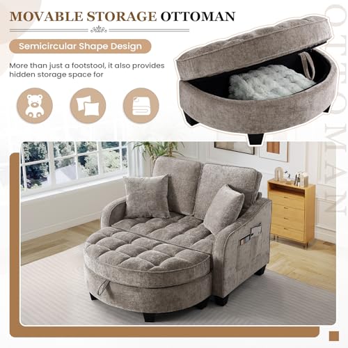 Image of Oversized Chair and A Half, Chenille Tufting Accent Cozy Reading Sofa Chair with Storage Ottoman, Upholstered Loveseat Chaise Lounge Sofa with Adjustable Back for Living Room, Office, Sunroom, Brown
