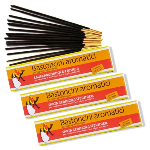  Carta d\'Eritrea 48 Bastoncini aromatici, 3 confezioni da 16 bastoncini profumati, Incenso Carta di Eritrea, Deodorante per ambienti