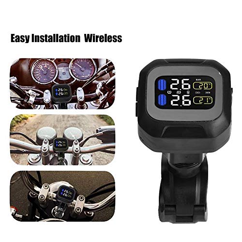 EBTOOLS Motorcycle Wireless TPMS display unit mounted on a motorcycle handlebar, showing a clear view de la pantalla.