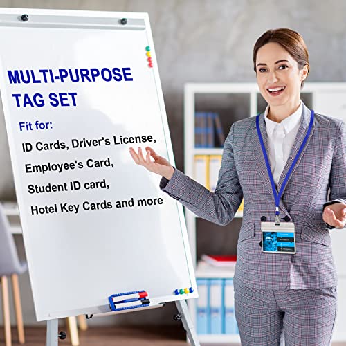 Image of Marspark 100 Sets Clear Name Tags with Lanyard, Lanyards for ID Badges Reusable Strap with ID Holder Plastic Name Badges for Adults Business School Church Conference (Blue)