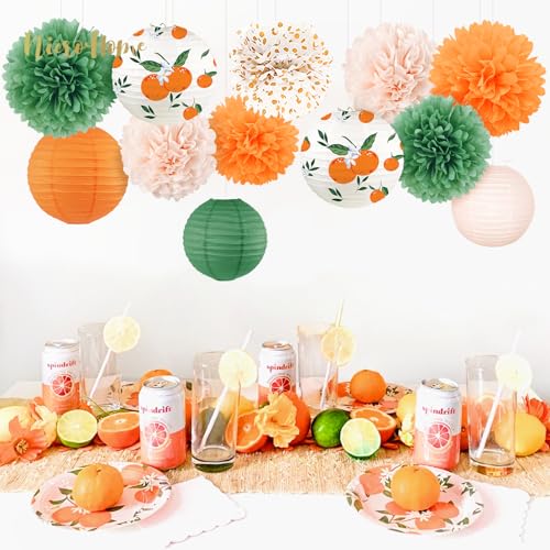 Image of NICROHOME EUR Little Cutie Baby Shower Decorations, 12 PCS Orange Green Tissue Paper Pom Poms and Lanterns Set for Spring Summer Party Decorations, Fruit Citrus Themed Birthday Party Supplies