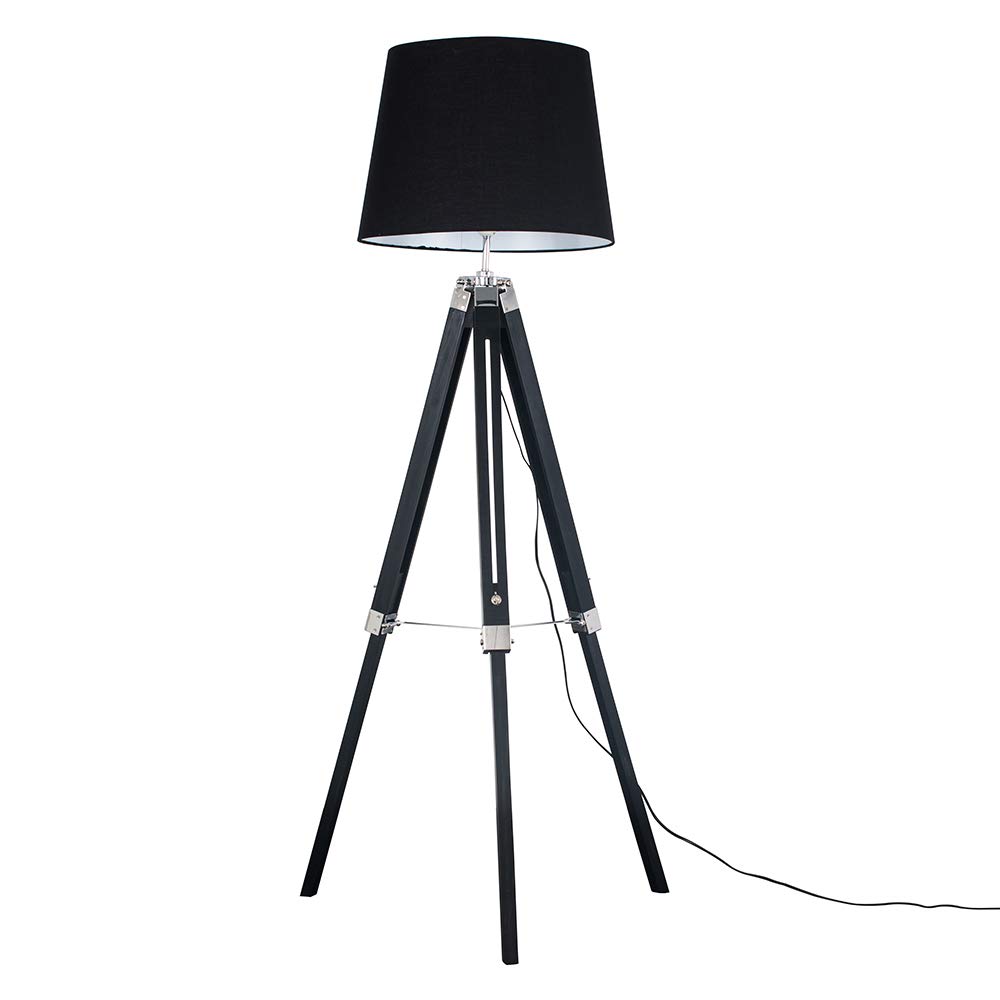 MiniSun | Modern Black Wood and Silver Chrome Floor Lamp with a Black Tapered Light Shade | Floor Lamps & Torchieres, Home Décor & Improvement Essential | Includes 6W LED Bulb [3000K Warm White]