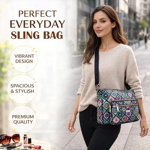 Image of Storite Women's Printed Crossbody Sling Bag | Multi Pocket Lightweight Shoulder Bag | Adjustable Strap Travel Messenger Bag | Boho Design Casual Everyday Purse