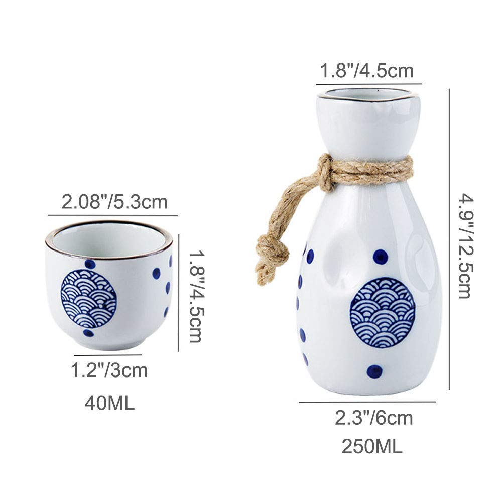 Service à saké japonais, ensemble de 5 tasses à saké, tasses en céramique à texture ondulée bleue, verres à vin artisanaux pittoresques, pour thé shochu chaud et froid, meilleur cadeau pour la fa