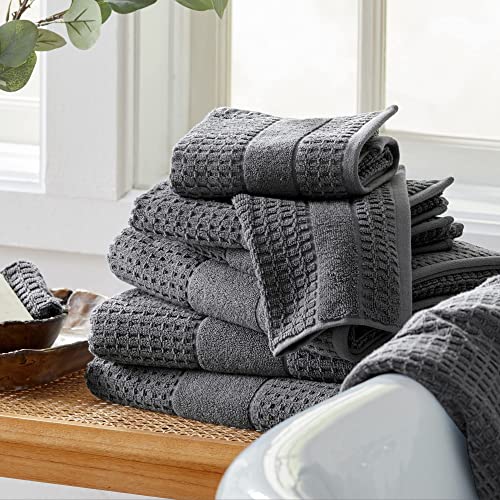 100% Cotton Super Soft Luxury Towel Set | Quick-Dry And Highly Absorbent | Waffle Textured | 550 Gsm | 2 Bath Towels, 2 Hand Towels, & 2 Washcloths | Harper Collection (Dark Grey) #TOP4