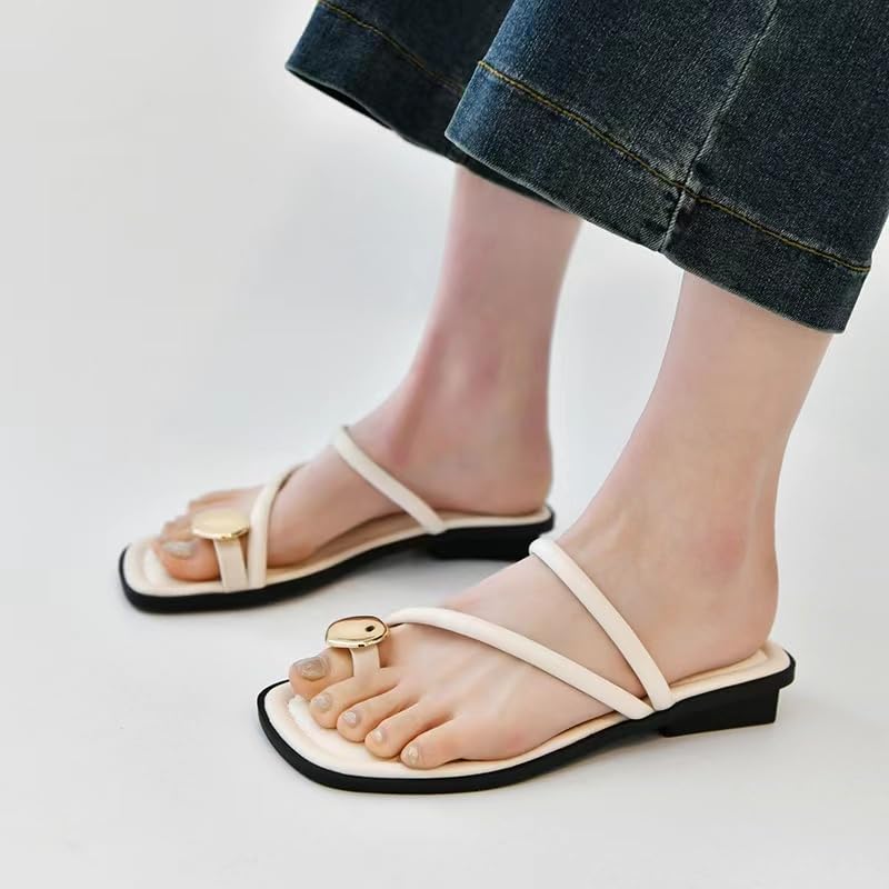 Women's leather strappy flat metal toe ring sandals fashionable square open toe low block heel slip-on Clip Toe Slide Sandals Casual Summer Beach slipper4
