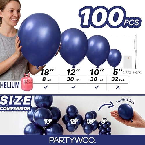 Image of PartyWoo Navy Blue Balloons 100 pcs Different Sizes Pack of 18 12 10 5 Inch Pearl Dark Blue Balloon Arch Kit Garland for Graduation Wedding Baby Shower Birthday Party Decorations Blue-Z90