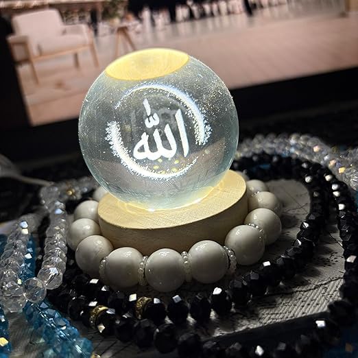 Wavey® 3D Islamic Crystal Ball LED Lamp Allah Calligraphy Nightlight on Wood Stand - Ramadan Gift and Muslim Home Decoration - Islamic Table Decor Gift for Home Office Mosque-image-39