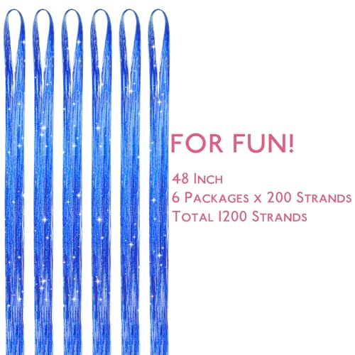 Image of WENNALIFE Hair Tinsel for Girls, Treasure Blue Fairy Kit 1200 Strands 6PCS 48 Inch Heat Resistant Glitter Hair Extensions Kit Christmas Sparkle Strands Tinsel