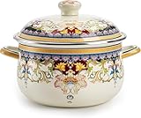 Retro Flower Enamel Stockpot with Lid,Stockpots for Cooking (Ivory-2.5QT)