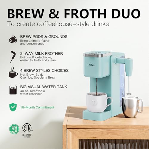 Image of Tastyle 330MF Single Serve Coffee Maker with Built-in Detachable Milk Frother, Iced and Hot Coffee Machine for K Cup & Grounds, 40oz Removable Water Reservoir, 6 Cup Sizes, Fits 7.3 inch Travel Mug, Teal