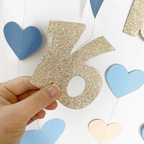 Image of Champagne Gold Blue 16th Birthday Decorations Champagne Gold Dusty Blue Heart Garland Streamer Banner Backdrop for Girls Happy 16th Birthday Sweet 16 Decorations Cheers to 16 Years Old Party Supplies