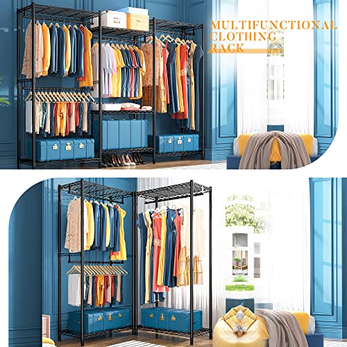 Raybee 77" Clothes Rack, Heavy Duty Clothing Racks For Hanging Clothes Load 830Lbs, Adjustable Metal Clothing Rack Heavy Duty Garment Rack, Freestanding Closet Wardrobe Rack, 77" H X69 W X16 D, Black #TOP1