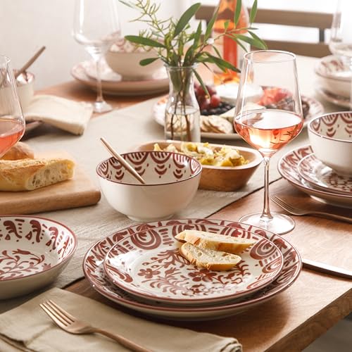 Image of Bloomhouse - 2-Time Oprah's Favorite Things - Valencia Flor 16 Piece Dinnerware Set, Artisanal Decorated Stoneware Plates & Bowls, Service for 4, Microwave & Dishwasher Safe, Pomegranate Red