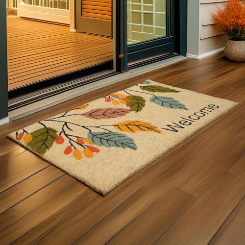 Image of Encasa XO Coir Door Mats for Home Entrance | (60x40 cm), Welcome Leaf | Thick Anti-Slip Doormat with PVC Back | Ideal for Indoor, Outdoor, Patio, and Office | Durable and Easy to Clean