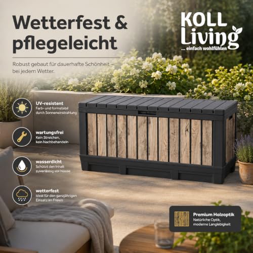 Koll Living Gartenbox Kentwood 350 Liter Stauraum in Holzoptik Pinie | Aufbewahrungsbox mit Sitzfunktion für Sitzauflagen, Gartengeräte oder Kinderspielzeug | wasserdicht & gut belüftet