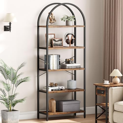 IDEALHOUSE Bookshelf 5 Tier Bookcase Arched Display Racks Tall Standing Bookshelves Metal Frame Modern Storage Rack Shelf Large Wood Book Shelf for Bedroom, Living Room, Home Office
