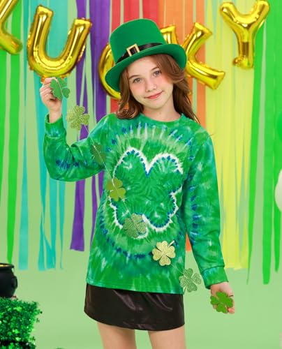 Image of Unisex Kids St. Patrick's Tie Dye Irish Clover Long Sleeve Shirt Shamrock Green Sweatshirt 6-14 Years