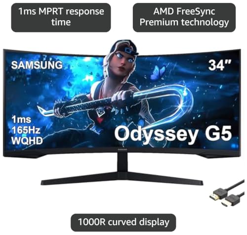 Image of SAMSUNG 34 inch Odyssey G5 Series Ultra-Wide WQHD Gaming Monitor, 1000R Curved, 165Hz, 1ms Response Time, FreeSync Premium, Black, with MTC HDMI Cable