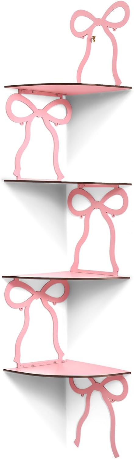Kathfly 4 Tie Pink Bow Corner Shelf Wall Mounted Pink Floating Wood Corner Storage Shelves for Women Girls Decorative Cute Coquettish Wall Decor for Bedroom Living Room Bathroom Kitchen Office