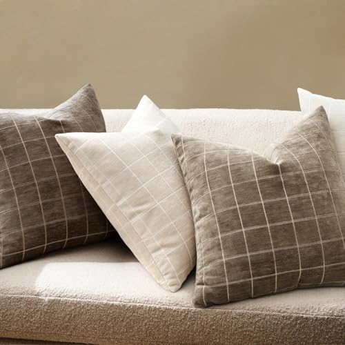 Image of MIULEE Taupe Grey Plaid Decorative Fall Throw Pillow Covers 20x20 Set of 2 | Vintage Check Chenille Couch Pillows Boho Farmhouse Cushion Covers Modern Fall Home Decor for Sofa Bed Living Room