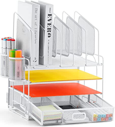Image of Marbrasse Desk Organizers, 4-Tier Mesh Desk File Organizer with 5 Vertical File Holders and 2 Pen Holders, Multifunction Desktop Organizer,Desk Organizers and Accessories for Home Office (White)