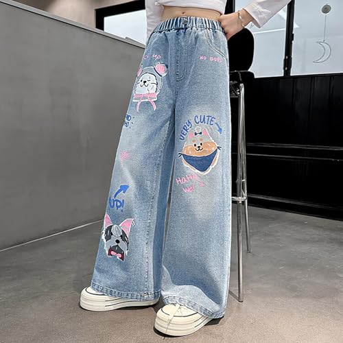 Wide Leg Baggy Jeans for Girls Cute Cotton Embroidery Elastic High Waist Denim Pants Y2k Jeans Streetwear Aesthetic3