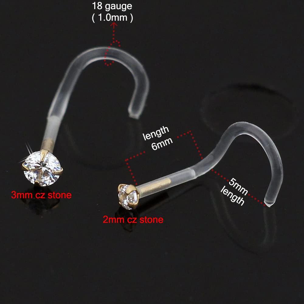 Runde CZ Stein massivem Gelbgold mit 18 Gauge Bio-Plast Nase Schraube Schmuck auf 14K einstellen