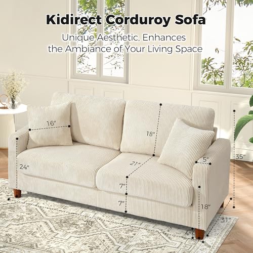 Image of Kidirect 70in L Shaped Couch, Modular Sofa No Tool Assembly, Comfy Sectional Couches for Living Room 21in Deeper Seats, Corduroy Sofas for Living Room with 2 Pillows, Loveseat Sofa Set, Beige Couch