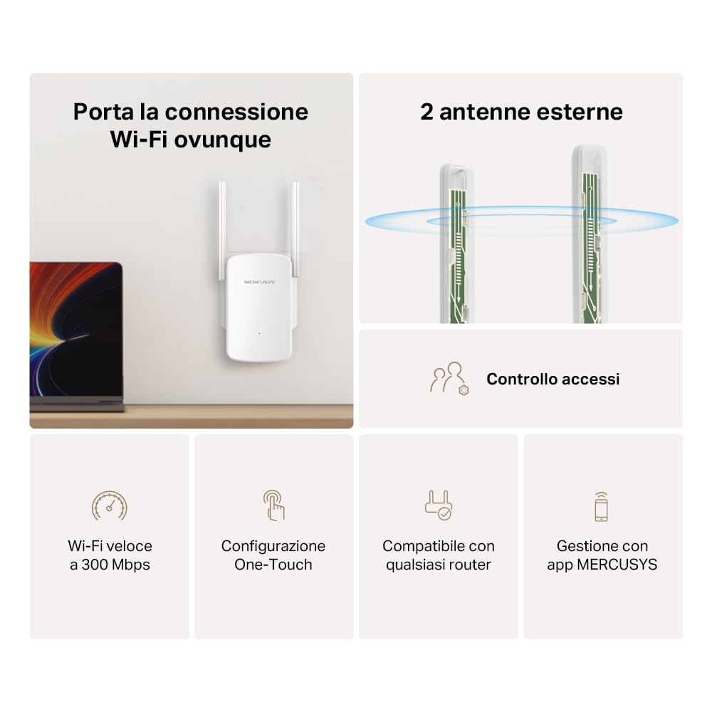 Mercusys TP-Link ME12 Ripetitore WiFi, Velocità Single Band 300 Mbps, Ripetitore WiFi Potente per Casa, 2 Antenne Esterne, Potenzia Copertura, Amplificatore, WPA3-PSK, Easy Setup