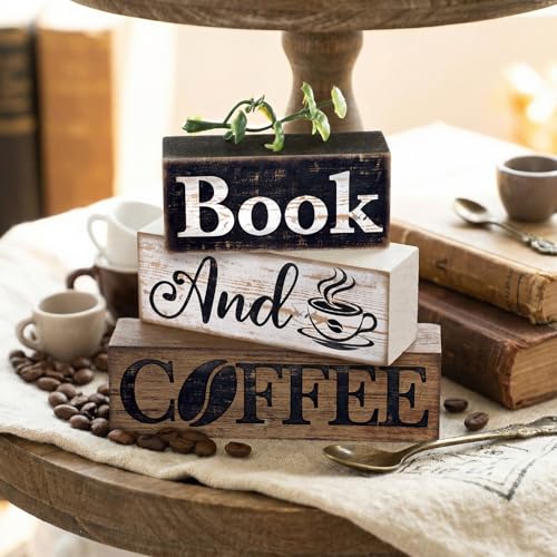 Image of Moucuny 4 Pcs Farmhouse Table Decor Rustic Wooden inchbook and Coffee inch Stacked Block Sign - Vintage Farmhouse Tiered Tray Decor with Coffee Cup & Bean Design, Perfect for Home Office Bookshelf Display