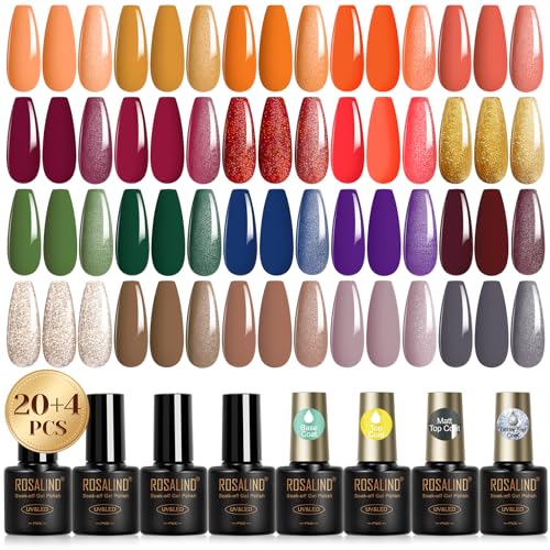 ROSALIND Esmaltes Semipermanentes Para Uñas, 24 Piezas Naranja Rojo Oro Colores Pintauñas Semipermanentes,UV LED Esmaltes de Gel Verde Azul Violeta Marrón Gris Otoño Invierno Manicure Regalo