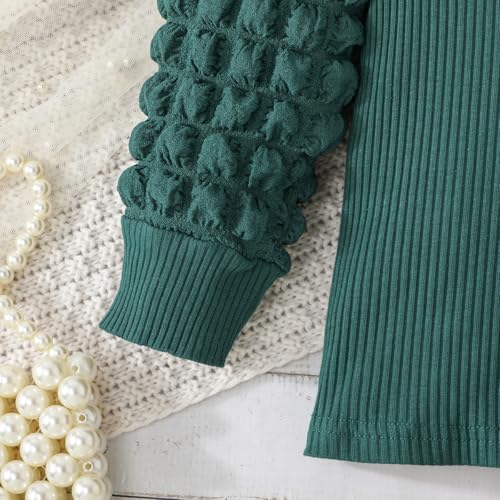 Image of Noubeau Toddler Girls Plaid Outfits Girls Puff Sleeve Knit Ribbed Shirt Tops Plaid Skirt Set Kids Fall Winter Clothes