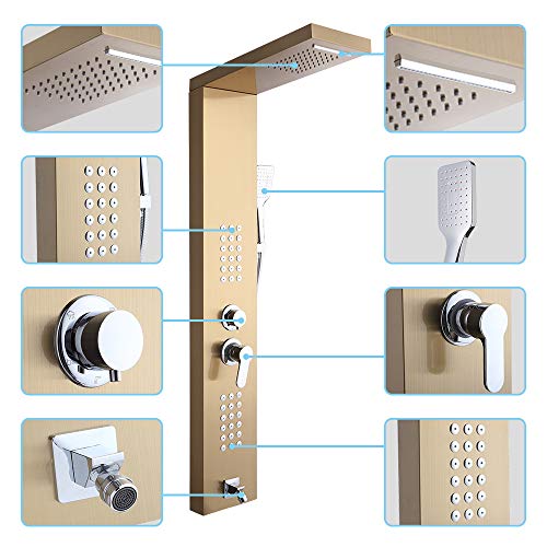 Shower Panel Tower System,Stainless Steel Rainfall Multi-Function Column Wall Mount Shower Fixtures, Waterfall, Rainfall, Hand Shower, Body Jets Massage, Bathtub Spout,Golden (48 Inch) - Thumbnail 4
