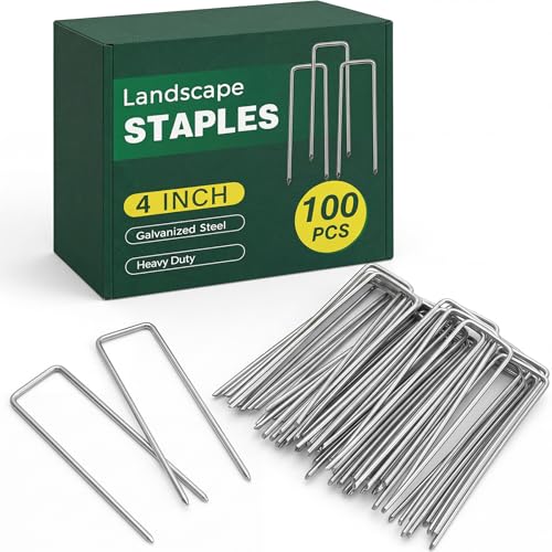 CEWOR 100 Pack Landscape Staples 4 Inches Galvanized Garden Stakes Landscape Staples Fabric Pins Lawn Stakes for Barrier Fabric U-Type Heavy Duty