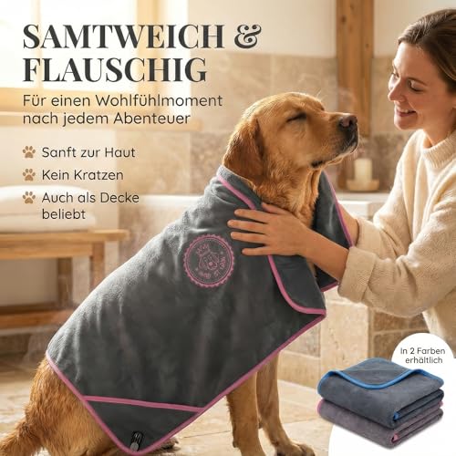 HUND IST KÖNIG Hundehandtuch extra saugfähig - Hunde Handtuch saugstark aus Mikrofaser mit 4 Eingriffen - Weiches XL Microfaser Handtuch für Hunde - Premium Hunde Trockentuch, schnell trocknend
