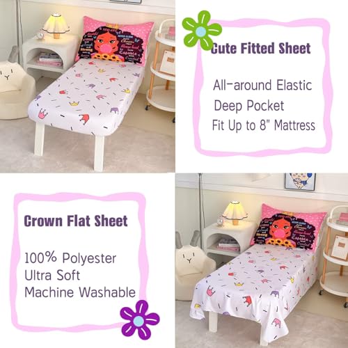 Image of 4 Piece Toddler Bedding Set for Girls,Toddler Black Girl Magic Comforter Set,Black Princess Toddler Bed Comforter Set Includes Comforter, Flat Sheet,Fitted Sheet,Pillowcase